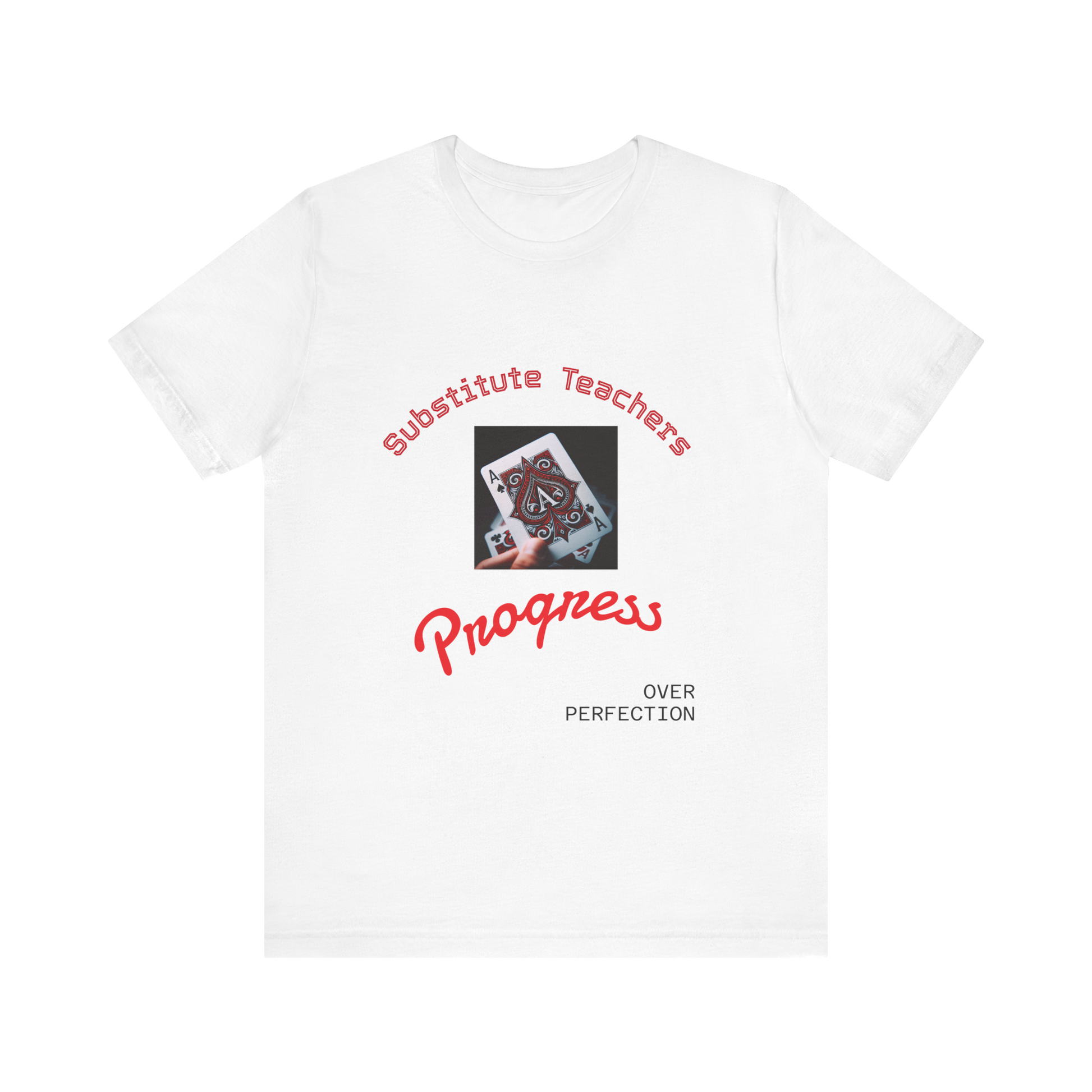 White t-shirt with red and black text and graphic on a white background